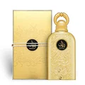 Lattafa Bayaan Eau De Parfum 100ml by Lattafa — A golden perfume bottle with intricate Arabic calligraphy design, presented in a white box with a matching golden outer sleeve featuring similar calligraphy. | Lattafa Bayaan Eau De Parfum 100ml by Lattafa — Botol minyak wangi emas dengan reka bentuk kaligrafi Arab yang