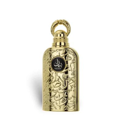 Lattafa Bayaan Eau De Parfum 100ml by Lattafa — A golden perfume bottle with intricate Arabic calligraphy design, presented in a white box with a matching golden outer sleeve featuring similar calligraphy. | Lattafa Bayaan Eau De Parfum 100ml by Lattafa — Botol minyak wangi emas dengan reka bentuk kaligrafi Arab yang