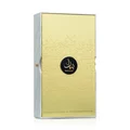 Lattafa Bayaan Eau De Parfum 100ml by Lattafa — A golden perfume bottle with intricate Arabic calligraphy design, presented in a white box with a matching golden outer sleeve featuring similar calligraphy. | Lattafa Bayaan Eau De Parfum 100ml by Lattafa — Botol minyak wangi emas dengan reka bentuk kaligrafi Arab yang