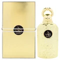 Lattafa Bayaan Eau De Parfum 100ml by Lattafa — A golden perfume bottle with intricate Arabic calligraphy design, presented in a white box with a matching golden outer sleeve featuring similar calligraphy. | Lattafa Bayaan Eau De Parfum 100ml by Lattafa — Botol minyak wangi emas dengan reka bentuk kaligrafi Arab yang