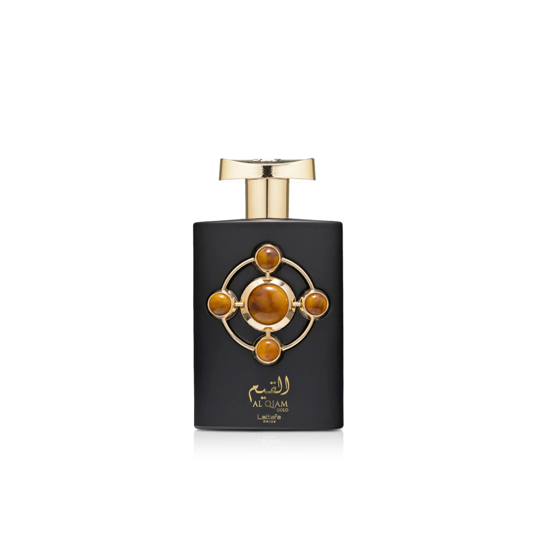 Al Qiam Gold Lattafa Pride edp black luxurious golden cap bottle closeup