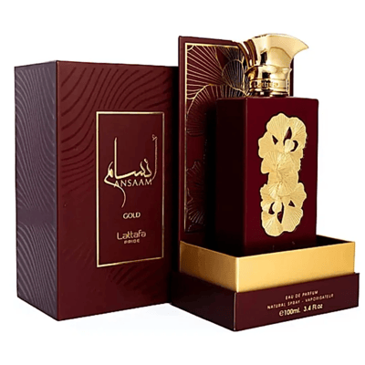 Ansaam Gold Lattafa Pride fragrance maroon packaging white background closeup side view
