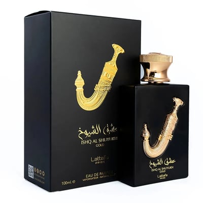 Ishq Al Shuyukh Gold Lattafa Pride edp hitam latar putih
