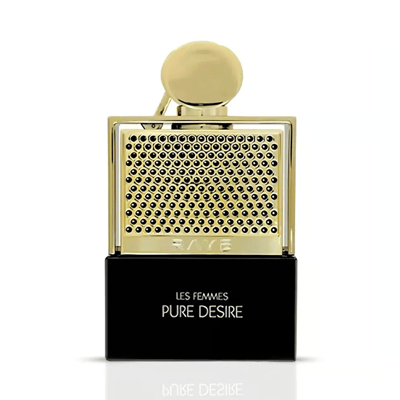 Rave Pure Desire Gold edp in black base square shaped golden cap