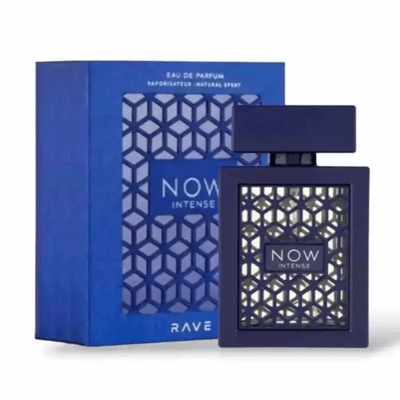Now Intense Rave edp blue packaging white background closeup front view