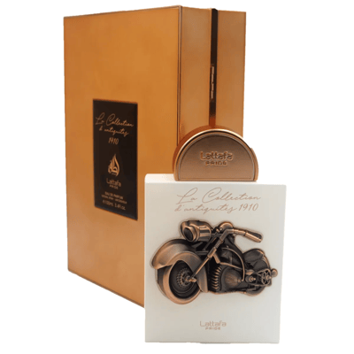 La Collection 1910 Bike Lattafa Pride motorcycle themed packaging closeup side angled
