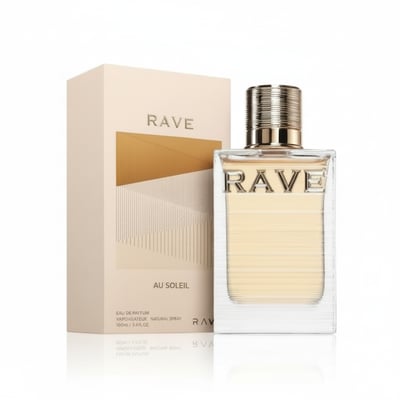 Au Soleil Rave edp beige packaging white background clear glass fragrance container