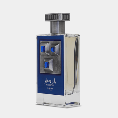 Lattafa Pride Sapphire Blue edp perfume glass bottle square dark blue metal cap on top