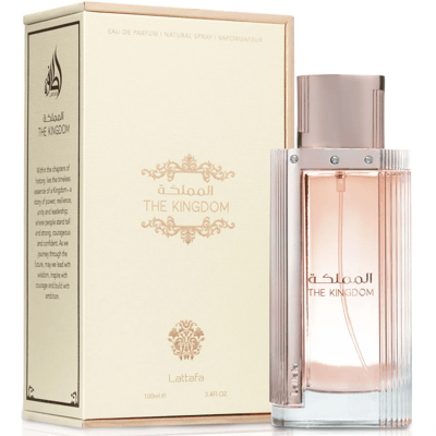 Lattafa perfumee, botol kaca, kotak beige, rose gold cap, putih bersih