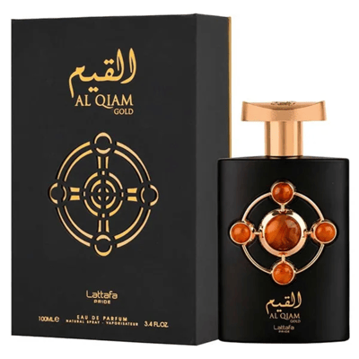 Al Qiam Gold Lattafa Pride edp bottle and box black gold orange white