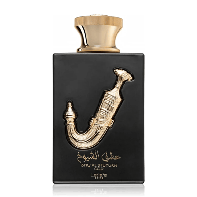 Ishq Al Shuyukh Gold Lattafa Pride edp pembungkusan hitam segiempat mewah depan