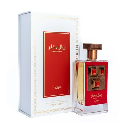 Lattafa Pride Sapphire Royal edp in red packaging next clear glass square shaped bottle