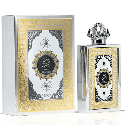 King of Arabia Lattafa Pride edp silver packaging gold accents crown cap front