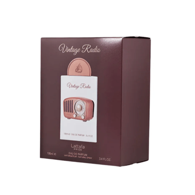 Lattafa Pride Vintage Radio edp packaging in brown colour on white background closeup view side angle