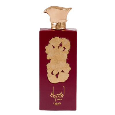 Ansaam Gold Lattafa Pride red rectangular cologne elegant packaging white background closeup