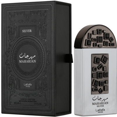 Maharjan Silver Lattafa Pride edp packaging white background closeup side corner view