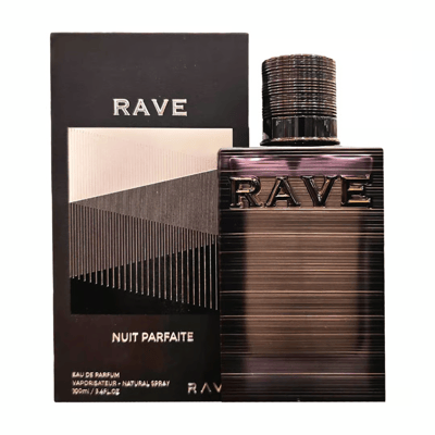 Nuit Parfaite Rave edp perfume bottle next black packaging white background closeup side