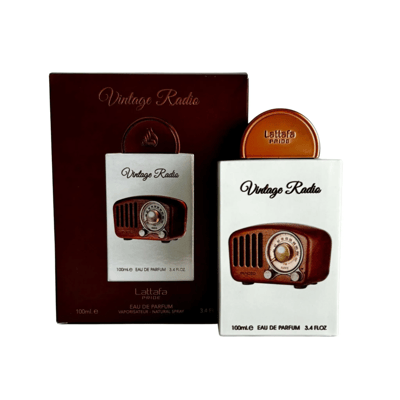 Lattafa Pride Vintage Radio edp packaging on white background brown cardboard boxes shown together side