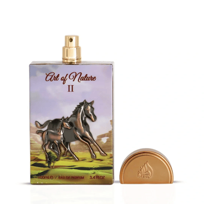 Art of Nature II Horse Lattafa Pride gold sprayer rectangular fragrance packaging beside