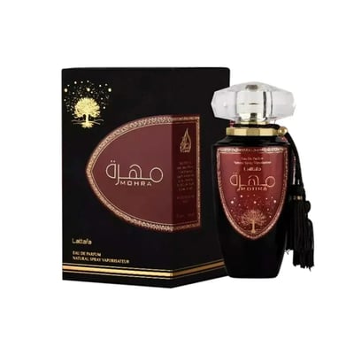 Mohra Lattafa edp botol + kotak hitam mewah, hiasan emas