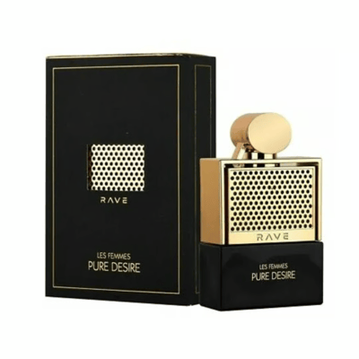 Rave Pure Desire Gold edp perfume bottle and black box with gold dots design square
