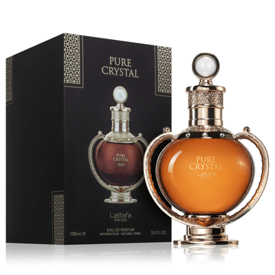 Lattafa Pride Pure Crystal edp bottles in brown liquid beside black packaging boxes closeup
