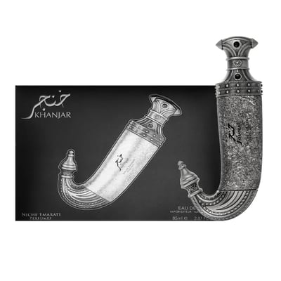 Niche Emarati Khanjar by Niche Emarati 85ml EDP — Black box with silver label and ornate dagger-shaped perfume bottle