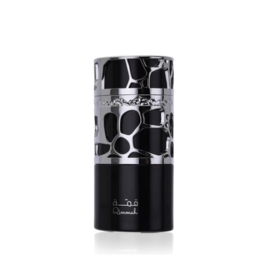 Lattafa Qimmah Eau De Parfum for Men 100ml — A black and silver perfume box with a pattern of irregular black shapes on a silver background, next to a black perfume bottle with a silver cap featuring a similar pattern. | Lattafa Qimmah Eau De Parfum for Men 100ml — Kotak minyak wangi hitam dan perak dengan corak