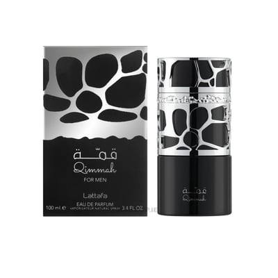 Lattafa Qimmah Eau De Parfum for Men 100ml — A black and silver perfume box with a pattern of irregular black shapes on a silver background, next to a black perfume bottle with a silver cap featuring a similar pattern. | Lattafa Qimmah Eau De Parfum for Men 100ml — Kotak minyak wangi hitam dan perak dengan corak