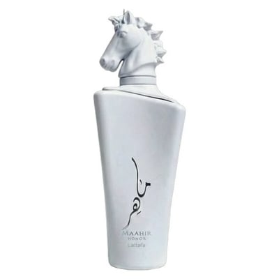 Lattafa Maahir Honor 100ml by Lattafa — White perfume bottle with a horse head stopper, tied with a white ribbon, inside an open white box with a cutout flap | Lattafa Maahir Honor 100ml by Lattafa — Botol minyak wangi putih dengan penutup kepala kuda, diikat dengan reben putih, di dalam kotak putih terbuka dengan
