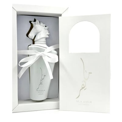 Lattafa Maahir Honor 100ml by Lattafa — White perfume bottle with a horse head stopper, tied with a white ribbon, inside an open white box with a cutout flap | Lattafa Maahir Honor 100ml by Lattafa — Botol minyak wangi putih dengan penutup kepala kuda, diikat dengan reben putih, di dalam kotak putih terbuka dengan