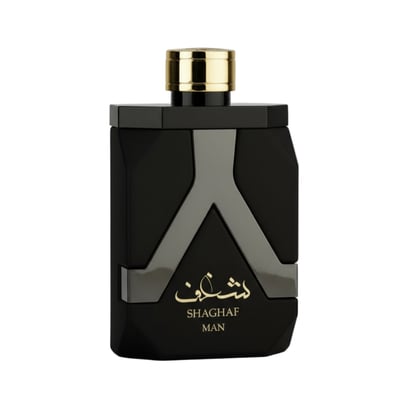 Shaghaf Man Asdaaf Lattafa black rectangular fragrance cologne white background closeup front side gold