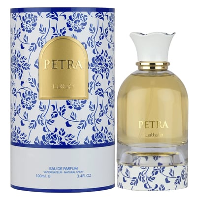 Lattafa Petra edp glass unisex blue patterned packaging white background