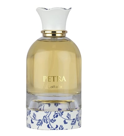 Lattafa Petra edp glass bottle yellow white cap small blue pattern