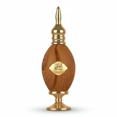 Afaq Gold Lattafa edp botol kayu mewah latar putih studio