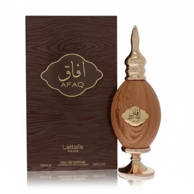 Afaq Gold Lattafa perfume botol dan kotak atas latar putih