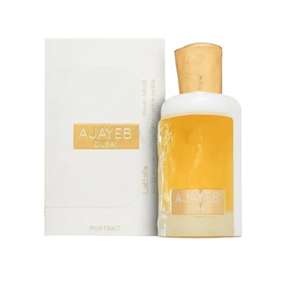 Ajayeb Dubai Portrait Lattafa edp pembungkusan putih botol kaca kuning dekat
