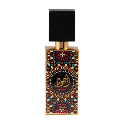 Botol Ajwad Lattafa edp unisex, hiasan berwarna, kotak hitam, penutup emas