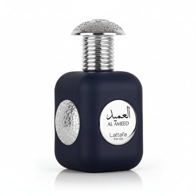 Al Ameed Lattafa edp botol biru gelap latar putih dekat depan