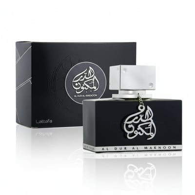 Al Dur Al Maknoon Silver Lattafa edp botol hitam kotak putih reflektif