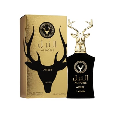 Pembungkusan Al Noble Ameer Lattafa perfume kepala rusa emas hitam dekat