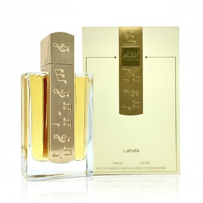 Angham Lattafa EDP perfume perempuan classy pembungkusan emas latar putih dekat