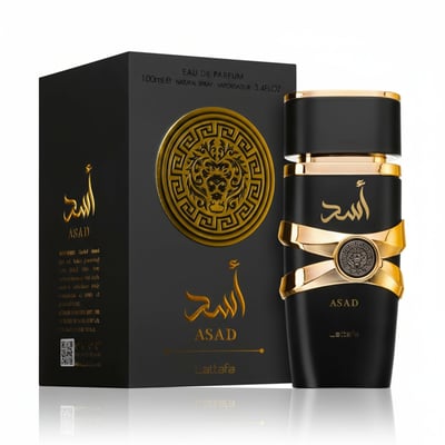 Asad Lattafa edp pembungkusan hitam sleek aksen emas latar belakang putih