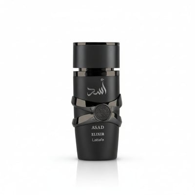 Asad Elixir Lattafa men black cylindrical fragrance white background closeup front side
