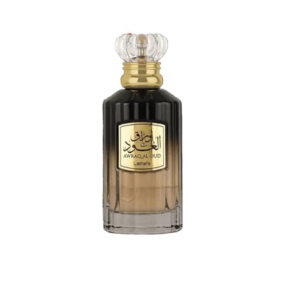 Awraq Al Oud Lattafa botol kaca coklat gelap penutup emas latar putih