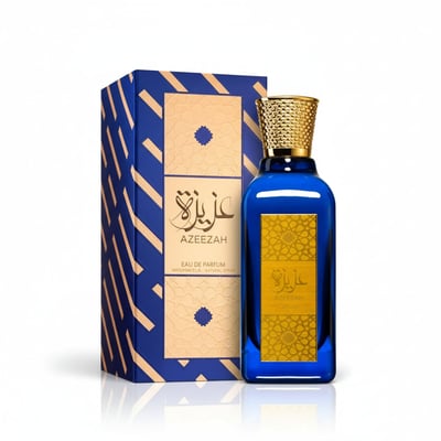 Azeezah Lattafa botol kaca biru EDP spray penutup emas latar belakang putih