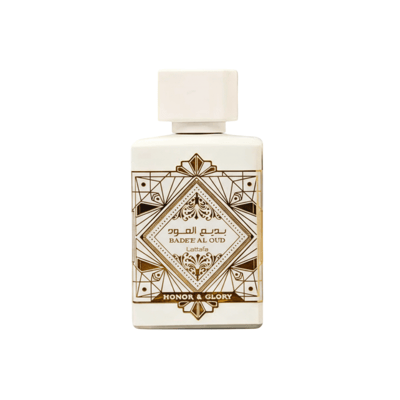 Badee Al Oud Honor Glory Lattafa white gold elegant rectangular glass bottle closeup