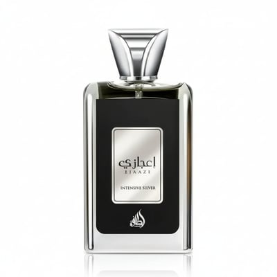 Ejaazi Intensive Lattafa silver sleek black glass rectangular unisex bottle closeup front