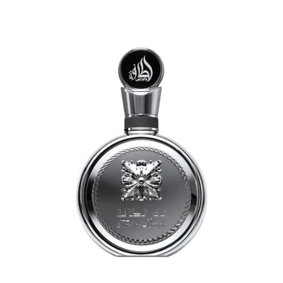 Fakhar Platin Lattafa silver minyak wangi lelaki mewah dekat botol kaca bulat