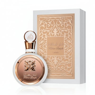 Fakhar Rose Gold Lattafa perfume botol pembungkusan beige latar putih sudut sisi